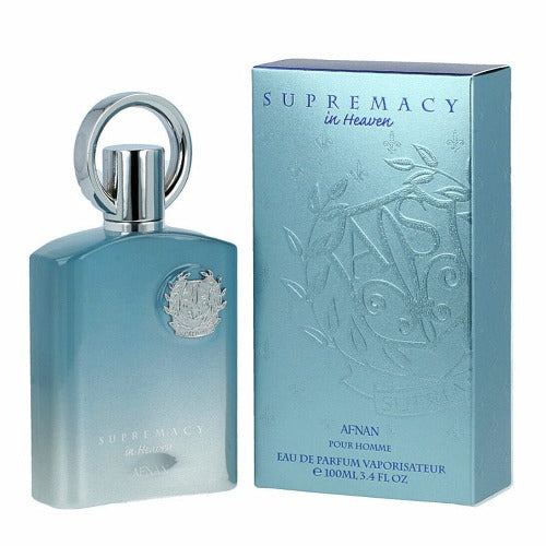 Afnan Supremacy In Heaven Eau De Parfum bottle, 3.4 oz, with elegant glass design and fragrance details visible.