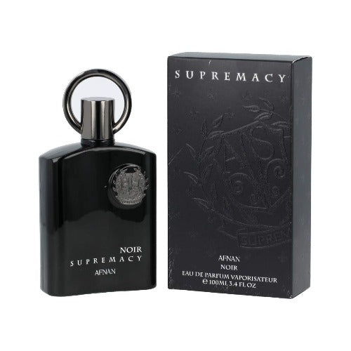 Afnan Supremacy Noir Eau De Parfum 3.4 oz bottle with sleek black packaging, showcased on a neutral background.