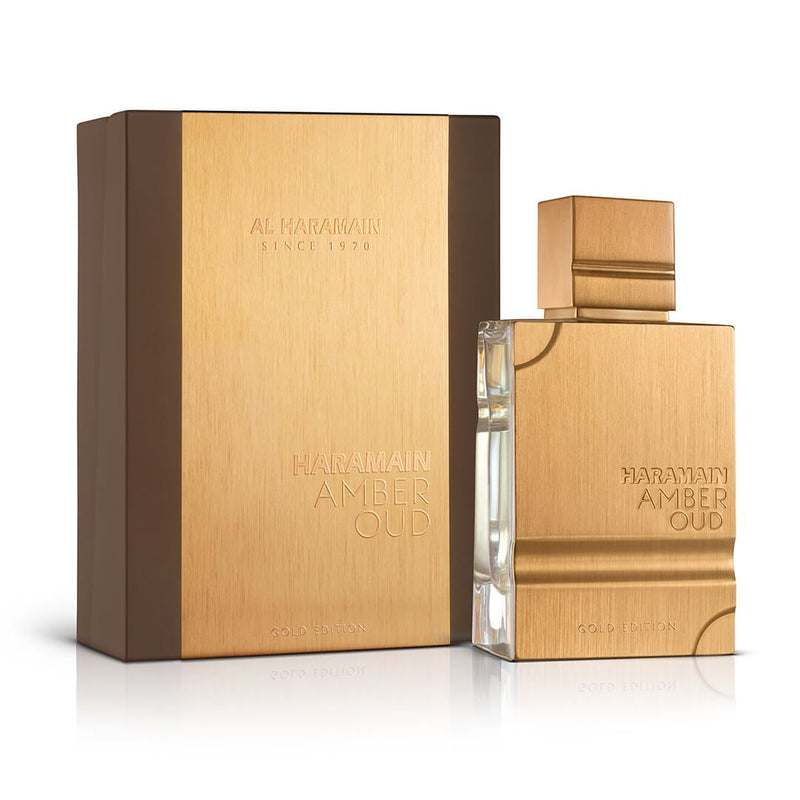 Al Haramain Amber Oud Gold Edition Eau de Parfum 3.4oz unisex bottle with gold accents, elegant and luxurious fragrance packaging.