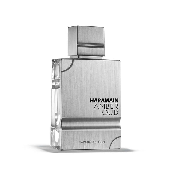 Al Haramain Amber Oud Carbon Edition unisex perfume spray in 2 oz bottle, featuring amber and oud notes in elegant packaging.