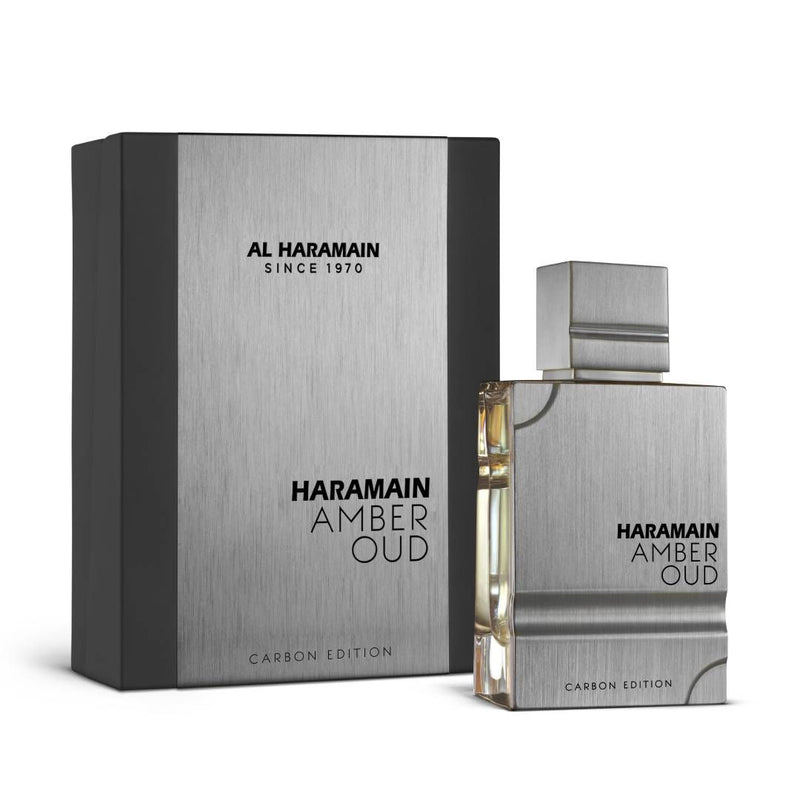 Al Haramain Amber Oud Carbon Edition unisex Eau de Parfum spray in 2 oz bottle with sleek design and elegant packaging.