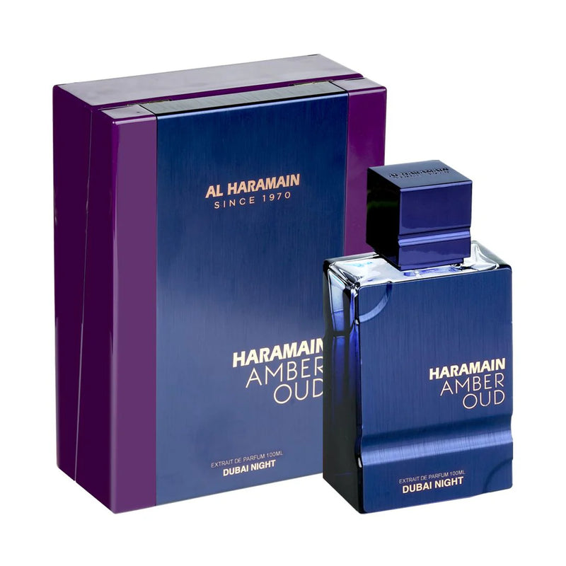 Al Haramain Amber Oud Dubai Nights perfume bottle with elegant packaging, 2.5 oz, from Pertinacia Perfume, luxurious fragrance collection