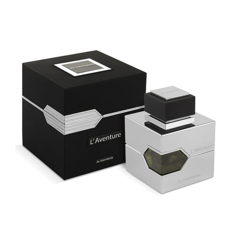 L'Aventure by Al Haramain men's Eau De Parfum spray, 3.3 oz bottle, featuring sleek packaging and a sophisticated fragrance design.