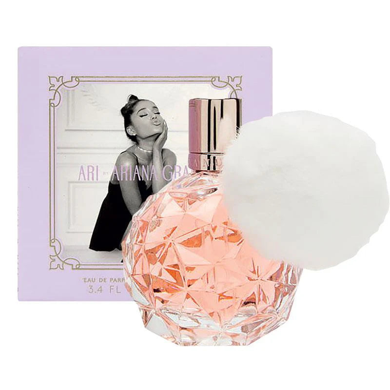 Ariana Grande Ari Eau De Parfum spray for women, 3.4 oz bottle, featuring elegant packaging and floral perfume design