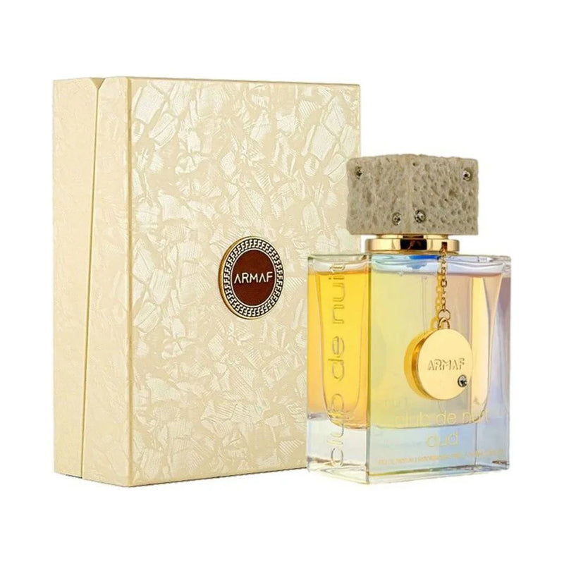 Armaf Club De Nuit Oud 3.6oz unisex EDP perfume bottle with elegant design, showcasing the fragrance inside.