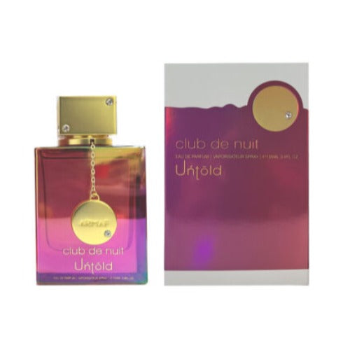 Armaf Club De Nuit Untold Eau De Parfum 3.6 oz bottle with sleek black and gold design, displayed on a neutral background.