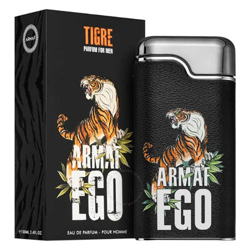 Armaf Ego Tiger Eau De Parfum bottle with black and gold design, featuring a sleek, modern fragrance container.