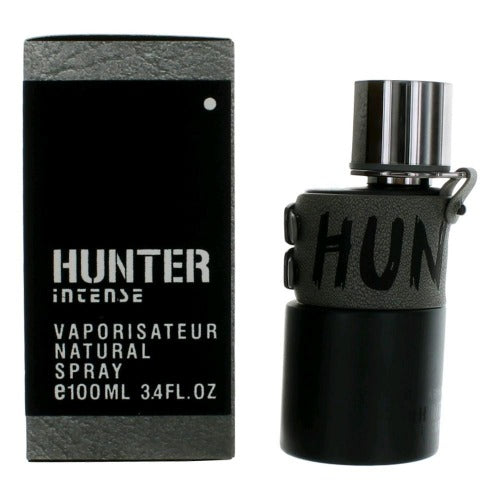 Armaf Hunter Intense perfume bottle by Pertinacia, 3.4 oz, sleek design with a dark, sophisticated appearance.