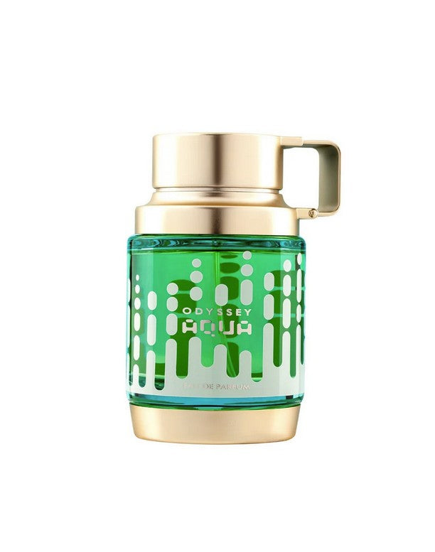 Armaf Odyssey Aqua Eau De Parfum 3oz bottle by Pertinacia Perfume, sleek design with clear glass and blue liquid inside.