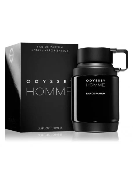 Armaf Odyssey Homme Eau De Parfum 3.4oz bottle, featuring sleek black packaging and modern design for men.