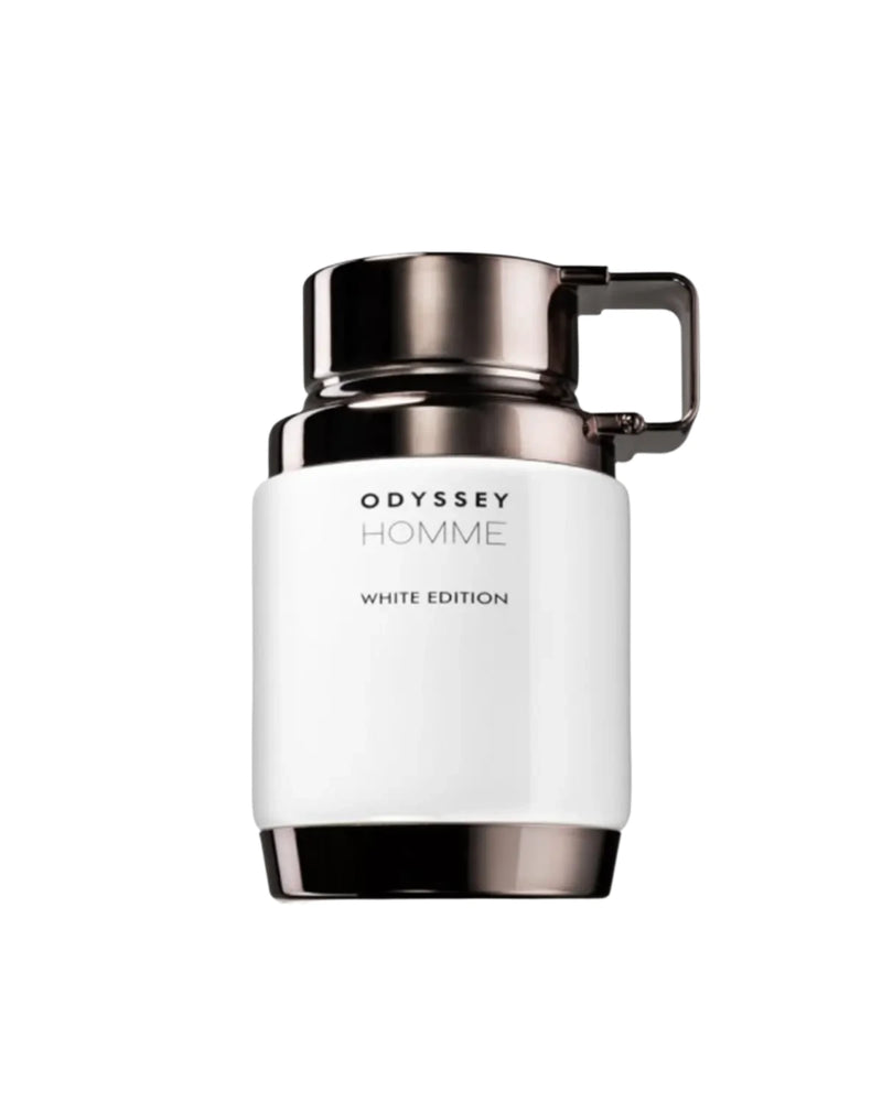 Armaf Odyssey White Edition Eau De Parfum 3oz bottle with sleek white packaging, elegant design, and fragrance details visible.