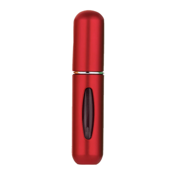 Black refillable Pertinacia Perfume travel atomizer with 5 ML capacity, compact and portable for on-the-go fragrance.