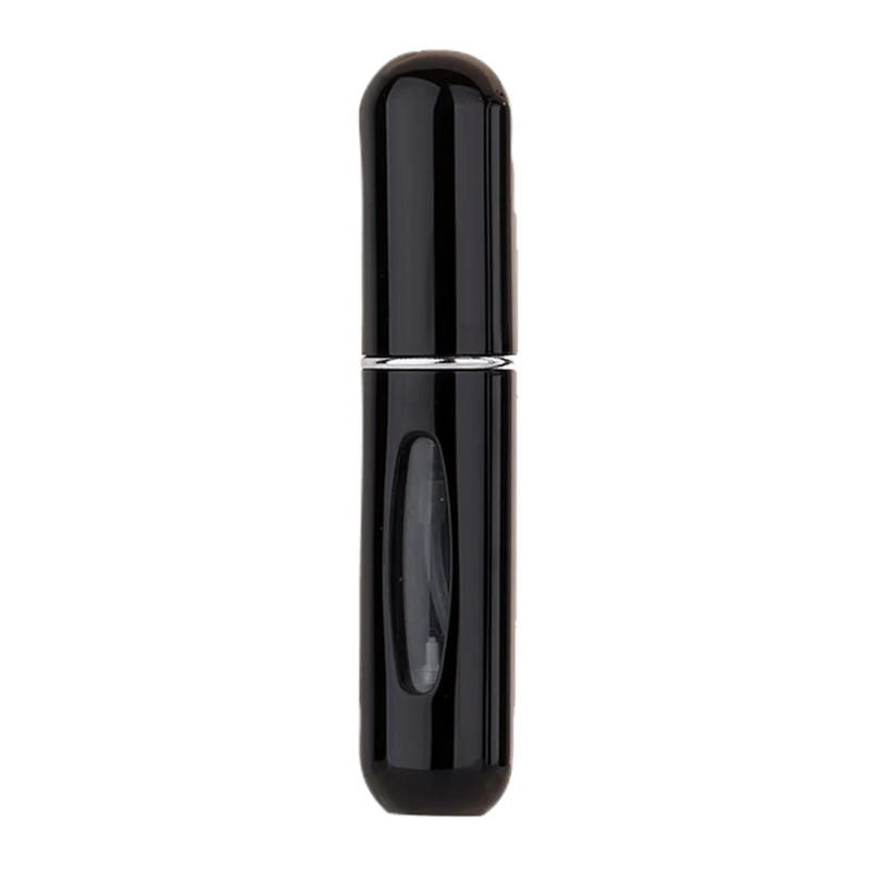 Black refillable Pertinacia Perfume travel atomizer with 5 ml capacity, compact and portable for easy perfume on the go.