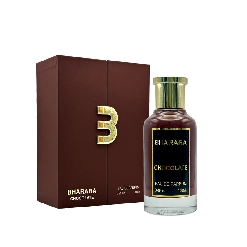 Bharara Chocolate 3.4oz EDP perfume bottle by Pertinacia Perfume, featuring a sleek design and dark chocolate-inspired packaging.