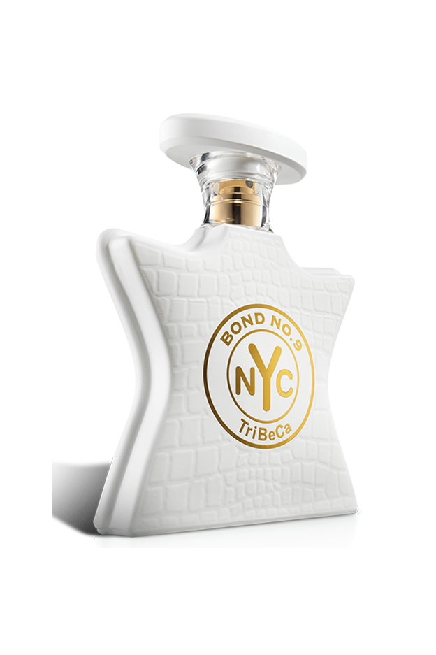 Bottle of Tribeca by Bond No. 9 unisex 3.3 oz EDP spray with sleek design and elegant branding on the perfume bottle.