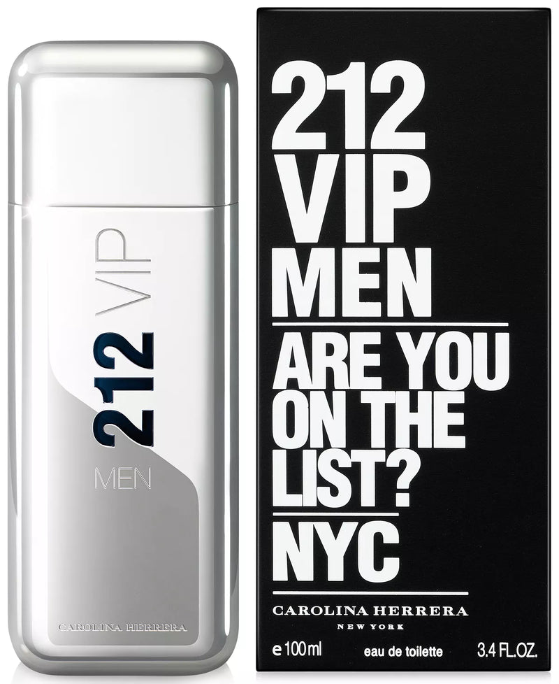 212 VIP Carolina for Men EDT by Carolina Herrera, 3.4oz bottle, stylish fragrance with sleek design and modern packaging.