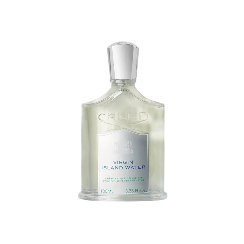 Creed Virgin Island Water 3.3 oz Eau de Parfum bottle, tropical-inspired fragrance by Pertinacia Perfume, clear glass with label