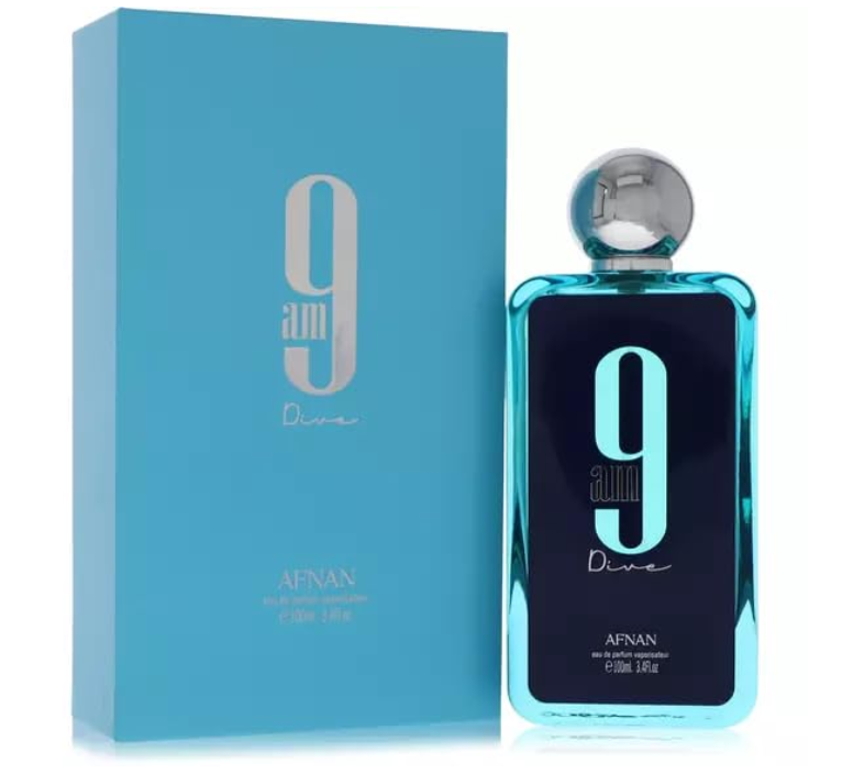 3ml decant sample of 9AM Dive by Afnan Eau De Parfum showing the clear glass bottle with black cap and label.