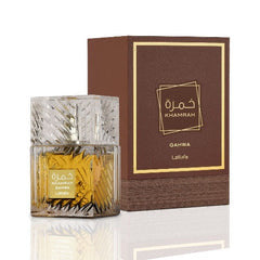 Pertinacia Perfume decant sample of Lattafa Khamrah Qahwa Eau de Parfum, 3ml, showing the small glass vial with fragrance label.
