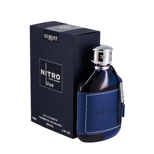 Dumont Nitro Blue Eau De Parfum by Pertinacia Perfume, 3.4 oz bottle with sleek blue design and elegant fragrance packaging.