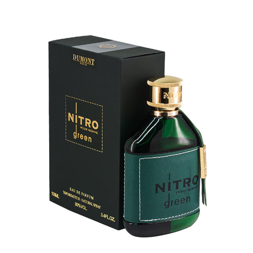 Dumont Nitro Green Eau De Parfum by Pertinacia Perfume, 3.4 oz bottle with sleek green and silver design.