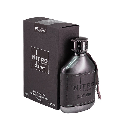 Decant sample of Pertinacia LLC Dumont Nitro Platinum Eau de Parfum, 3.4 oz, showing the perfume bottle and packaging.
