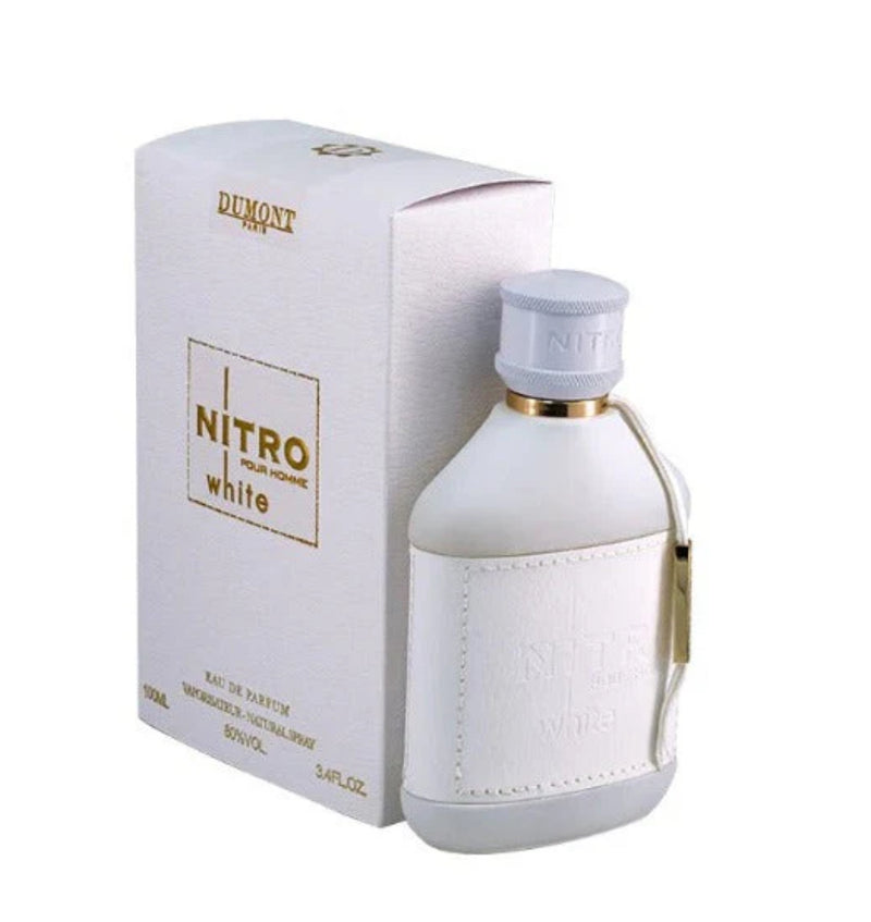 Dumont Nitro White Eau De Parfum by Pertinacia Perfume, 3.4oz bottle with sleek white packaging.