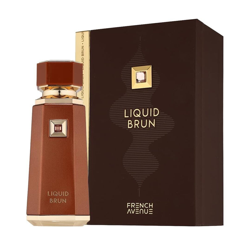 Liquid Brun French Avenue perfume decant by Pertinacia LLC, showing a clear glass bottle with a black cap and elegant label.