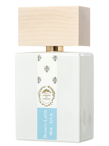 Bianco Latte perfume by Giardini Di Toscana in a 3.4oz bottle featuring elegant packaging and a floral fragrance.