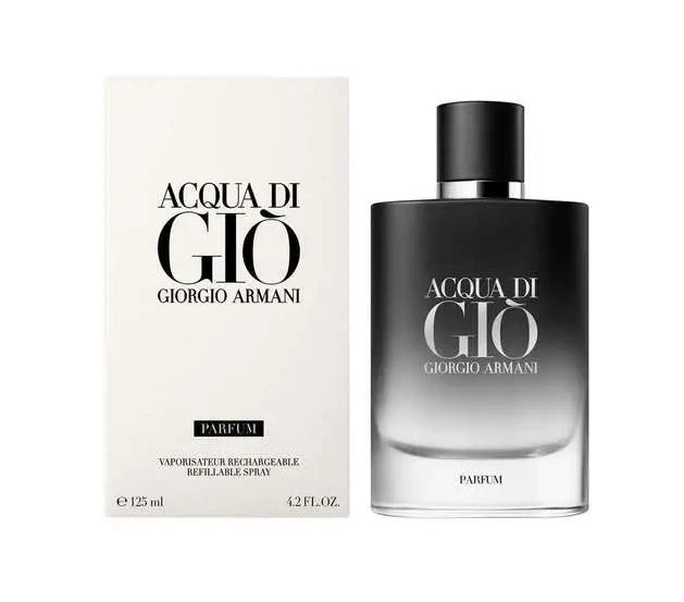 Giorgio Armani Acqua Di Gio 3.4 oz men's parfum spray, sleek bottle with silver cap, on a white background.