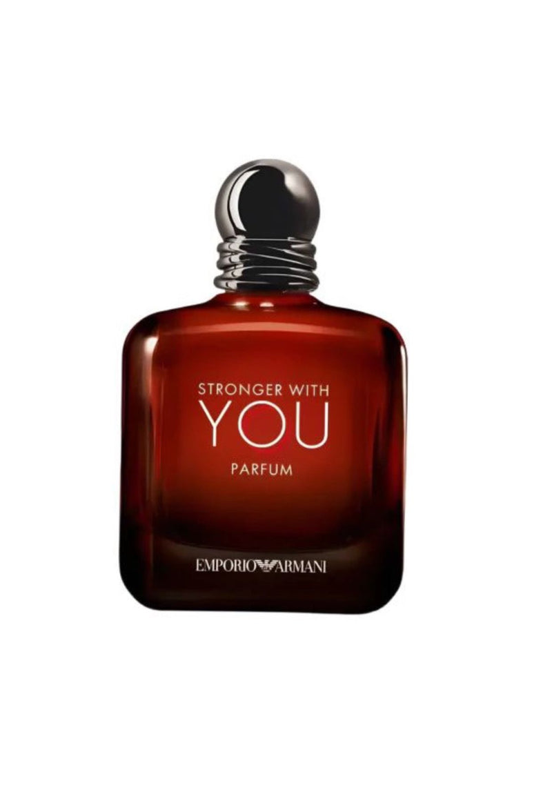 Giorgio Armani Stronger With You Parfum 3.4oz bottle, elegant glass perfume container with a sleek design.