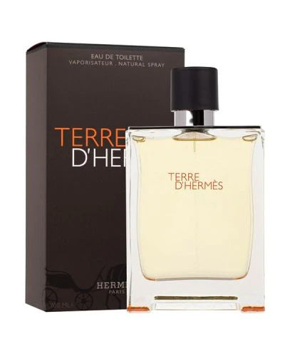 Hermes Terre d'Hermes 3.4oz Eau de Toilette bottle displayed with iconic orange and silver design, sleek and modern packaging.