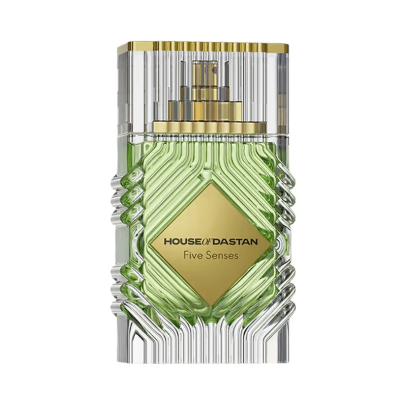 Five Senses House of Dastan perfume extrait bottle by Pertinacia Perfume, 3.4oz, elegant glass container with a black cap.