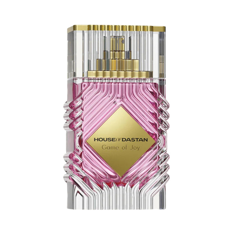 House of Dastan Game Of Joy perfume extrait by Pertinacia Perfume, 3.4oz bottle, elegant glass container with gold accents.