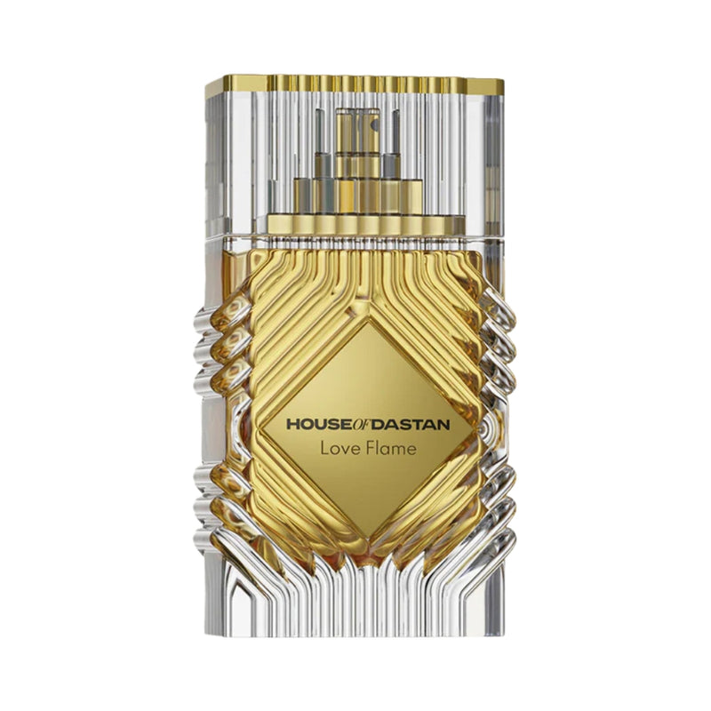 Love Flame House of Dastan extrait perfume bottle from Pertinacia Perfume, 3.4oz, with elegant packaging and a dark, luxurious design