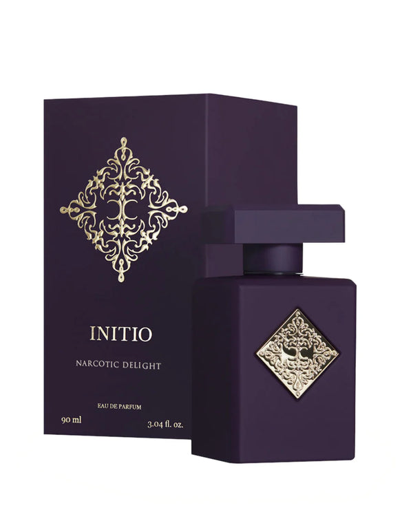 Pertinacia Perfume Narcotic Delight Initio 3 oz EDP bottle, elegant glass container with black cap and floral accents.