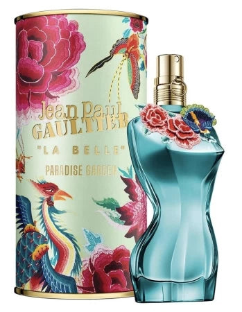 Jean Paul Gaultier La Belle Paradise Garden EDP perfume bottle, 3.4oz, with elegant floral design and colorful packaging.