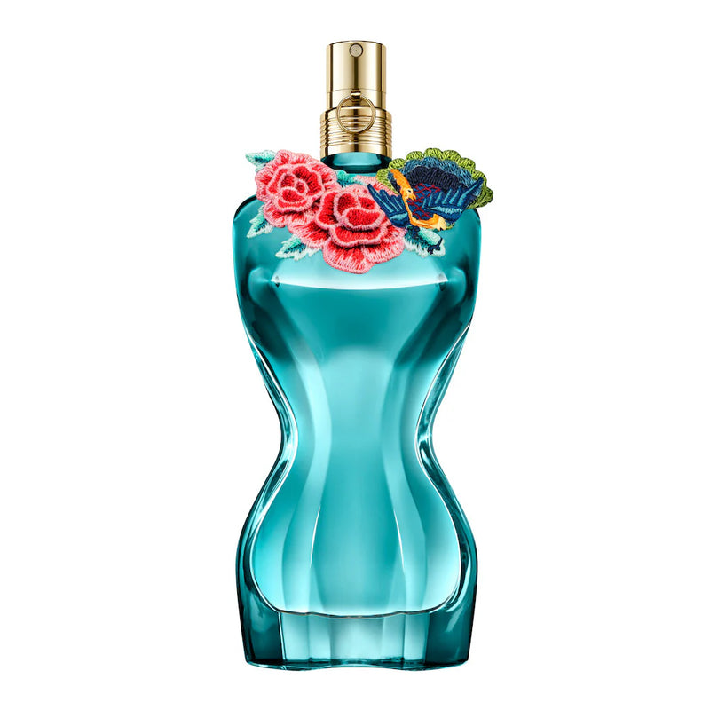 Jean Paul Gaultier La Belle Paradise Garden EDP perfume bottle, 3.4oz, with floral and elegant design elements visible.