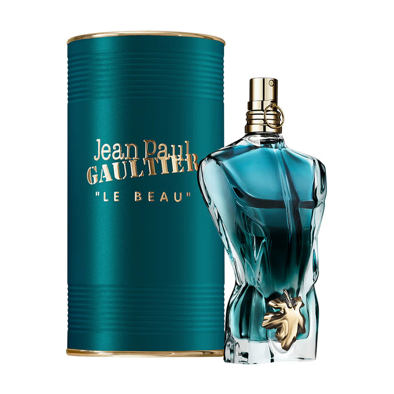 Jean Paul Gaultier Le Beau EDT perfume bottle, 4.2oz, with sleek design and modern branding, displayed on a neutral background.