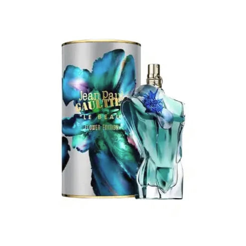 Jean Paul Gaultier Le Beau Flower Limited Edition EDP perfume bottle with floral design, 3.4oz, Pertinacia Perfume.
