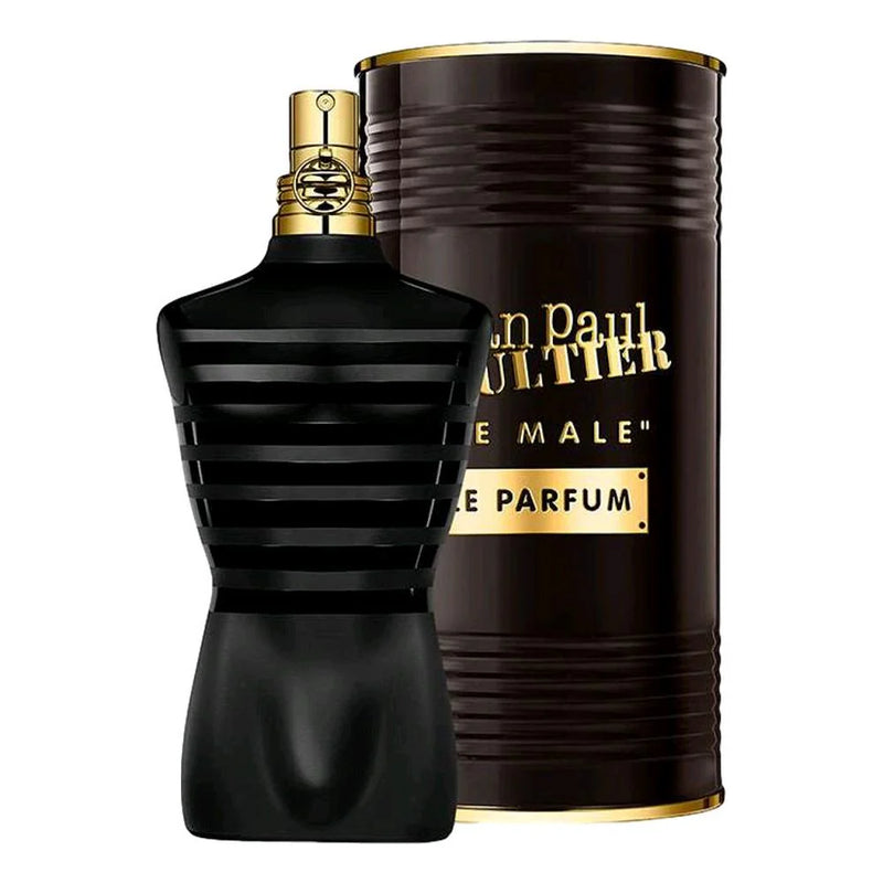 Jean Paul Gaultier Le Male Le Parfum 6.8oz men's perfume bottle with sleek black and gold design, showcasing elegant packaging.