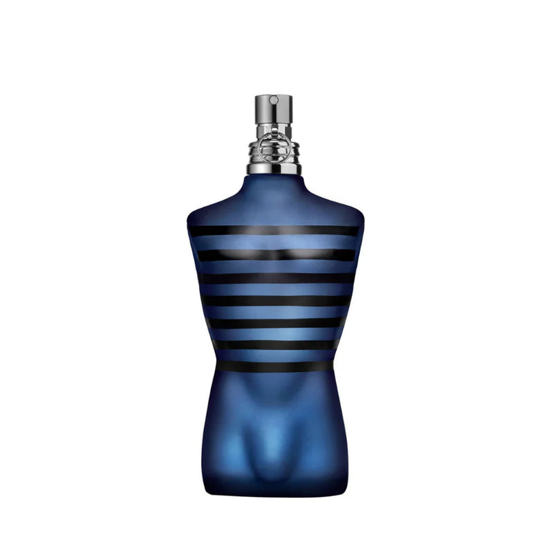 Jean Paul Gaultier Ultra Male 4.2 oz men's perfume bottle with dark, sleek design and silver accents, displayed upright.