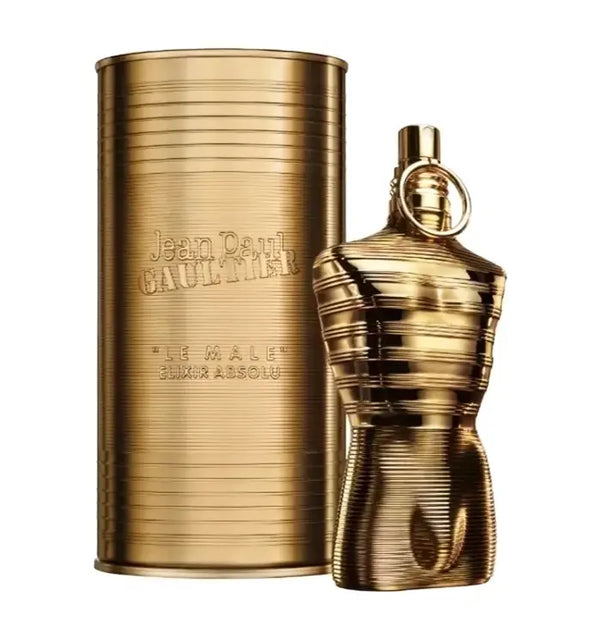 Le Male Elixir Absolu Jean Paul Gaultier perfume bottle, 4.2oz EDP, with sleek design and stylish packaging.