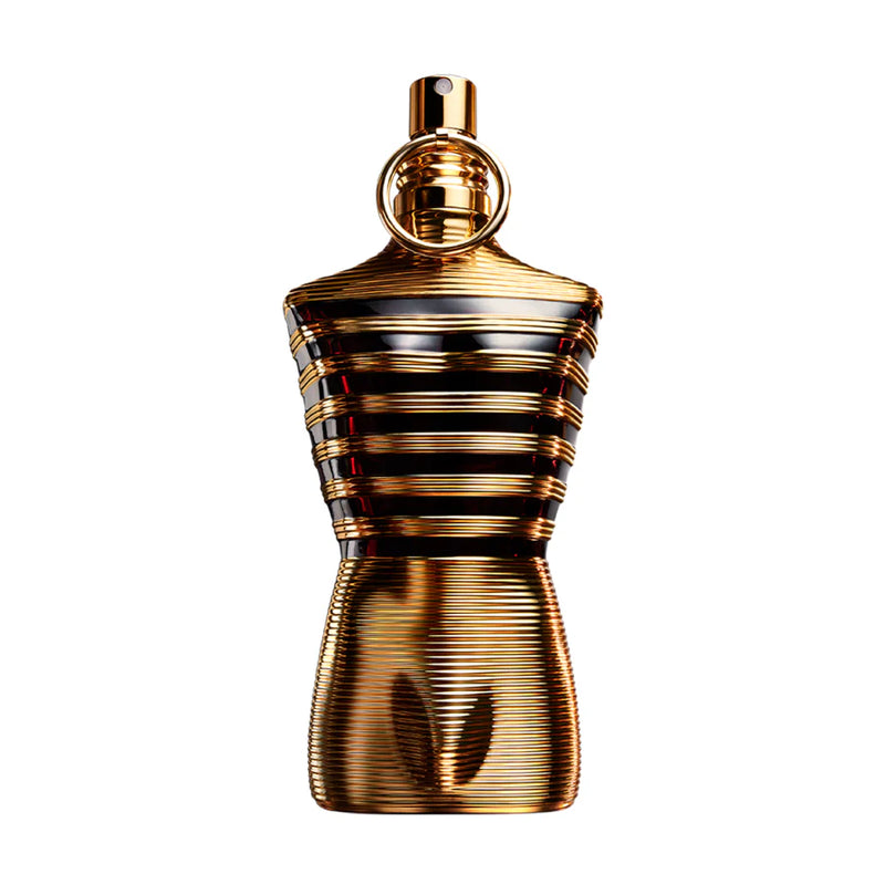 Perfume bottle of Le Male Elixir by Jean Paul Gaultier for men, 4.2 oz EDP, displayed with sleek design and branding details.