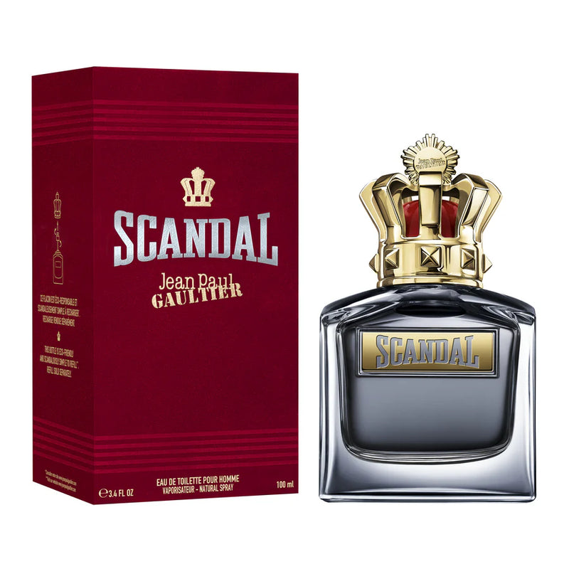Pertinacia Perfume Scandal Jean Paul Gaultier Pour Homme EDT 3.4oz bottle with sleek design and dark packaging.