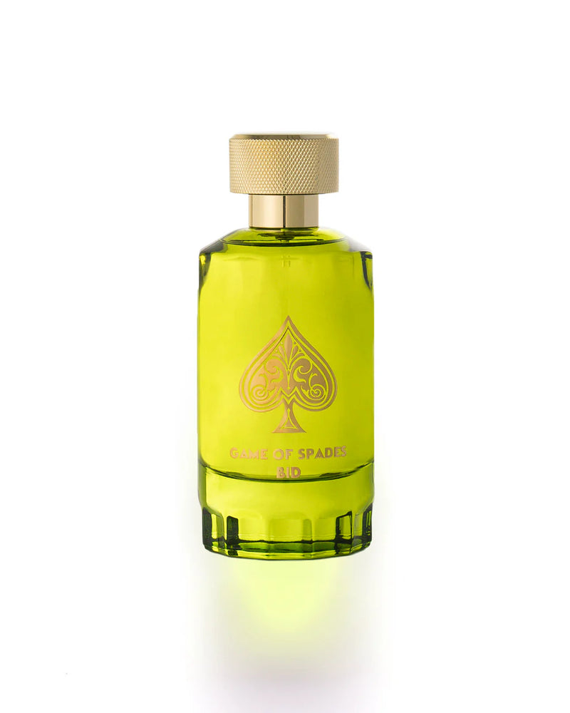 Decant perfume spray of Game of Spades Bid by Jo Milano from Pertinacia Perfume, shown in a 3-4 oz unisex parfum bottle.