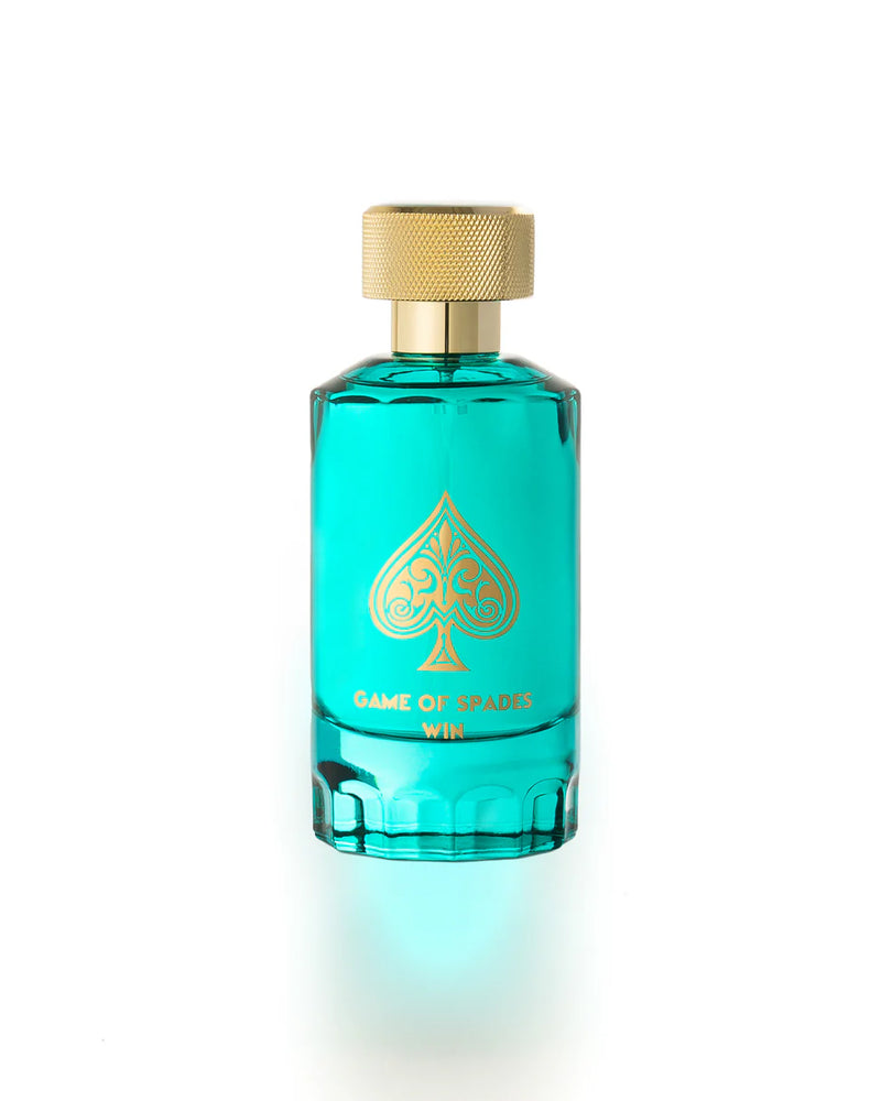 Jo Milano Game of Spades Win perfume bottle by Pertinacia LLC, 3.4 oz parfum, sleek design with black and gold accents.