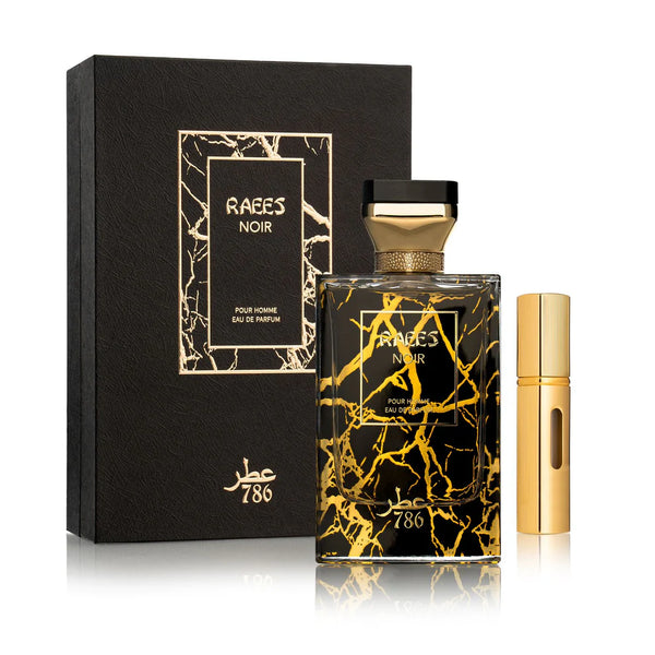 Pertinacia Perfume Jo Milano Raees Noir 786 3.4oz bottle with sleek black design and silver accents, elegant fragrance container