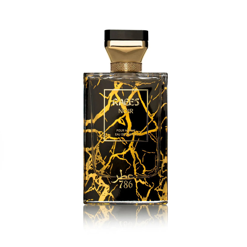 Jo Milano Raees Noir 786 perfume bottle, 3.4oz, sleek design by Pertinacia Perfume, displayed on a neutral background.