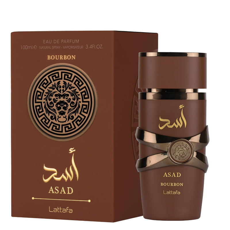 Asad Bourbon Lattafa perfume bottle by Lattafa, 3.4oz, with elegant design and gold accents, shown on a white background.
